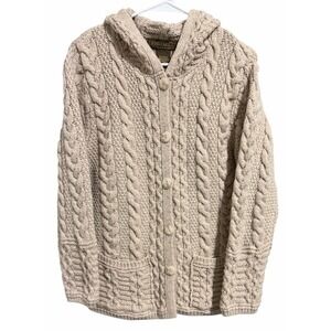 Inis Crafts Merino Wool Cable Knit‎ Button-Down Hooded Cardigan Women's Medium
